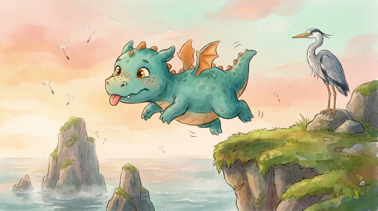 Watercolor of a small round teal dragon with orange wings and freckles, tongue out in concentration, wobbling through the air off a mossy cliff at dawn while a grey heron watches from a rock. Sea stacks rise from the water below.