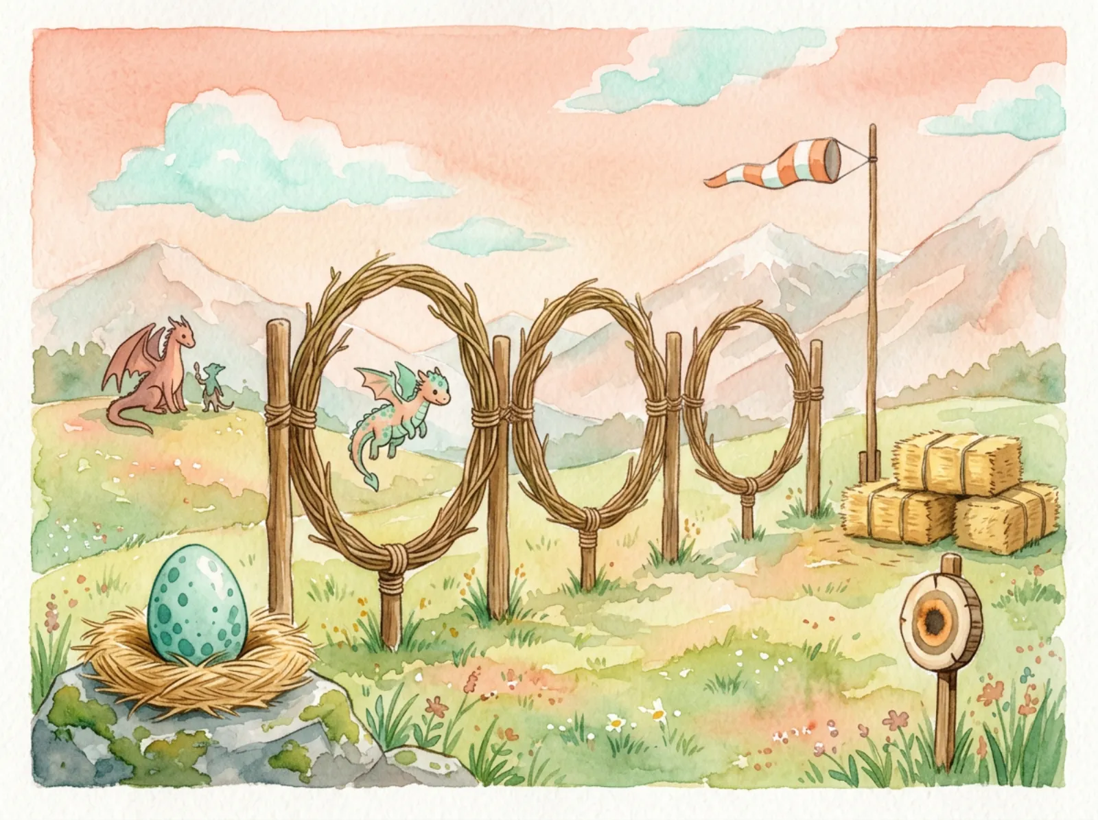 Watercolor of a mountain training ground: upright willow hoops on posts, a striped windsock, hay bales for crash landings, a scorched practice target, a young dragon leaping through a hoop and a speckled teal egg in a straw nest.